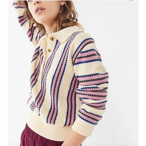 Urban Outfitters Ricky Waffle Knit Long Sleeve Polo Shirt Sweater Medium - Picture 1 of 8